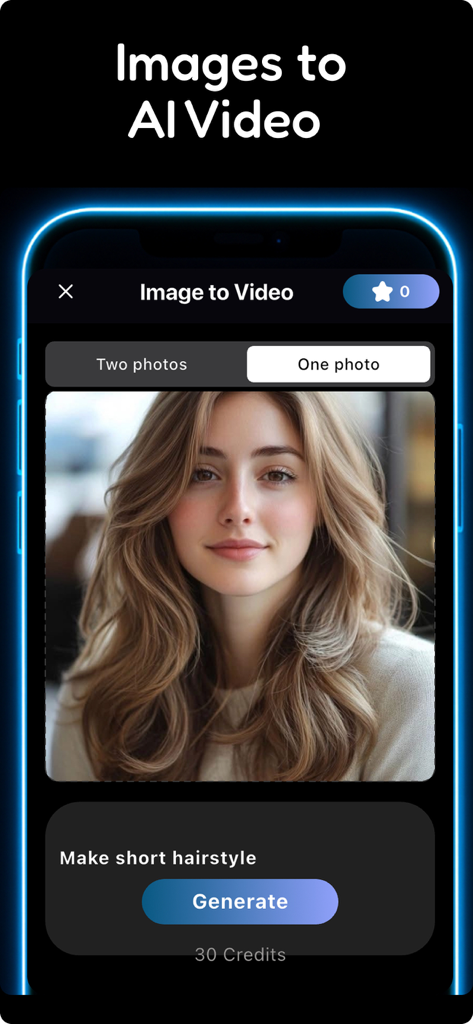 Screenshot of Vidy AI app interface showing an image-to-video generation tool with a portrait of a woman and a prompt to change her hairstyle.