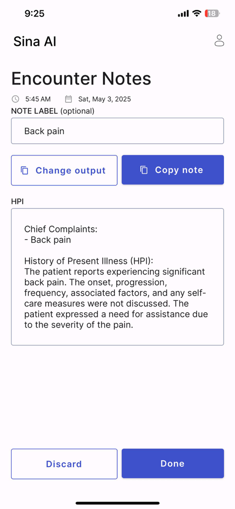 Sina AI - Sina AI App-Oberfläche, die strukturierte medizinische Patientengesprächsnotizen anzeigt