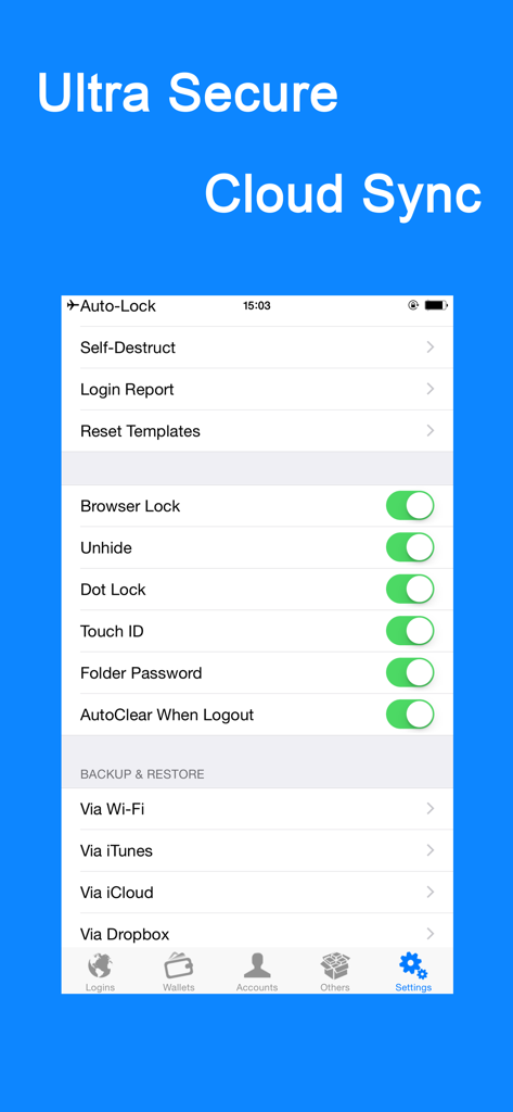 Password Manager- - Tela de configurações do aplicativo iPassword mostrando opções de segurança e backup, incluindo iCloud e Dropbox.
