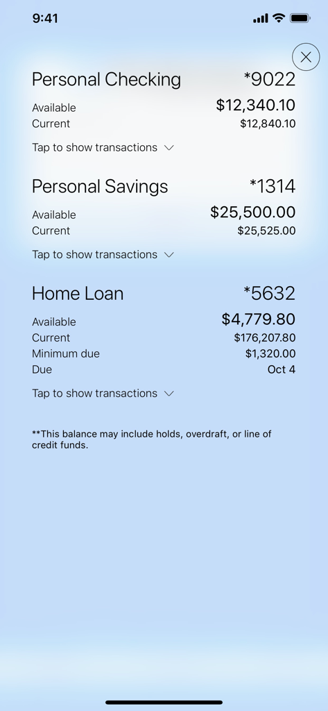 Pantalla de la aplicación móvil People First FCU que muestra los saldos de cuentas corrientes, de ahorros y de préstamos hipotecarios personales.