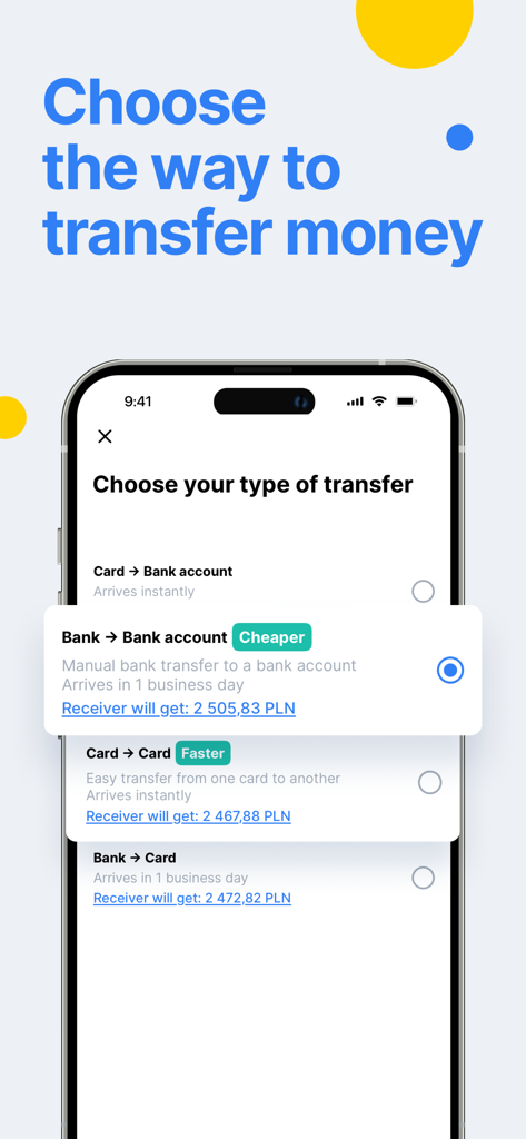 Écran de l'application TransferGo montrant différentes méthodes de transfert international, y compris les options de banque à banque et de carte à carte avec des indicateurs de vitesse et de coût