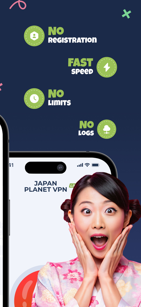 Interfaz de la aplicación Japan VPN destacando las características de sin registro, alta velocidad y sin límites con una mujer sorprendida en un kimono