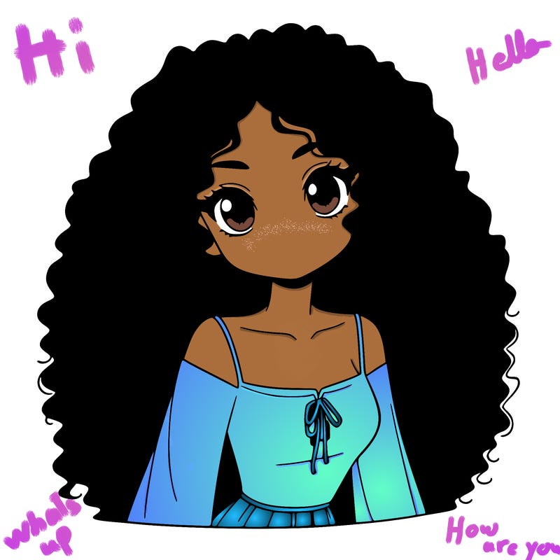 a black anime girl with long afro hair
