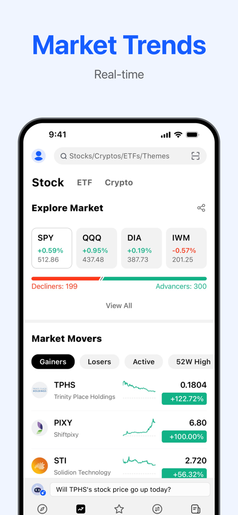 Penny Stocks Screener: Screens - Real-time stock market trends and top gainers on the Penny Stocks Screener mobile app dashboard