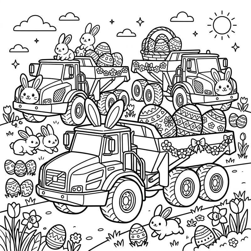 Merge the power of heavy-duty articulated haulers with the festive joy of Easter in this delightful coloring page. Discover a whimsical scene where mighty trucks are adorned with bunnies and laden with colorful eggs, ready for your creative touch.