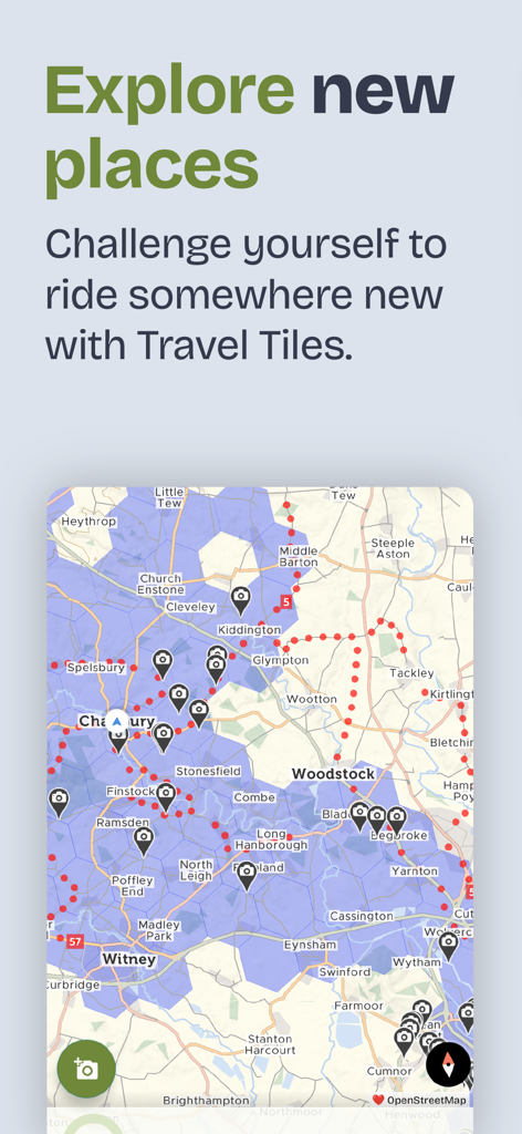 A map interface in the cycle.travel app showing the Travel Tiles feature for exploring new cycling locations