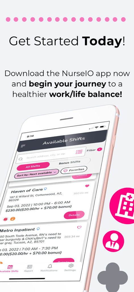 NurseIO - iPhone displaying the NurseIO app interface with available healthcare shifts and work life balance message