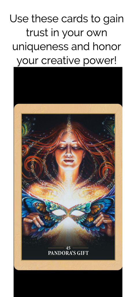 Sacred Rebels Oracle - Digital oracle card titled Pandoras Gift featuring mystical artwork of a woman holding a glowing butterfly mask