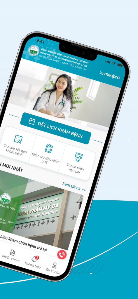 BV Da Liễu Tp.HCM- ĐKKB Online - Home screen of the HCMC Hospital of Dermato-Venereology app featuring online appointment booking and medical service options