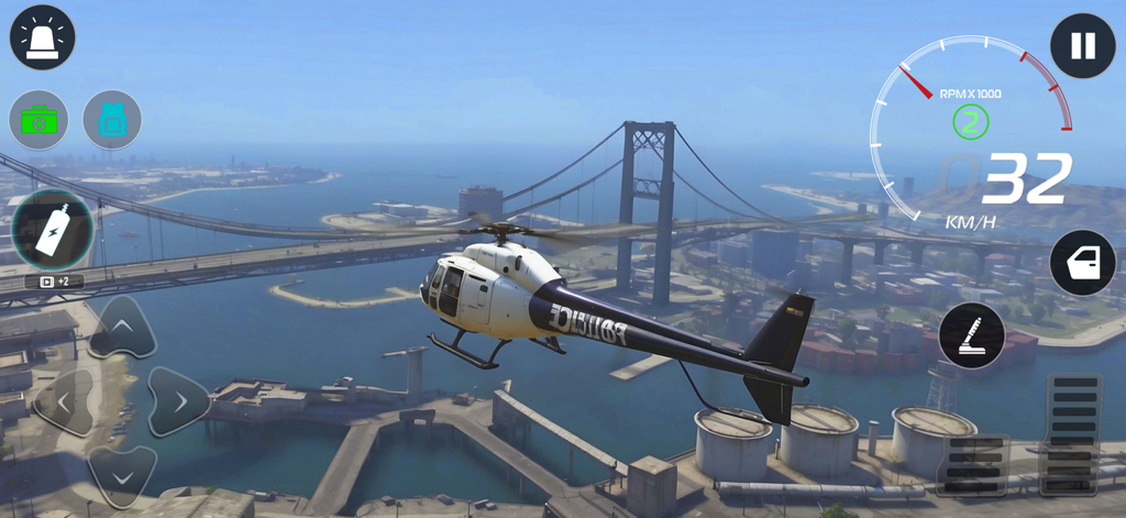 Un helicóptero de policía volando sobre un puente de la ciudad en Gangster Game Crime Master.