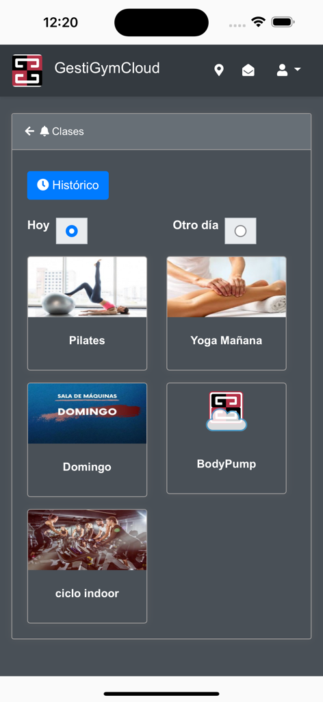 Pantalla de la aplicación GestiGym Cloud que muestra una lista de clases de fitness disponibles para reservar, incluyendo Pilates, Yoga y BodyPump.