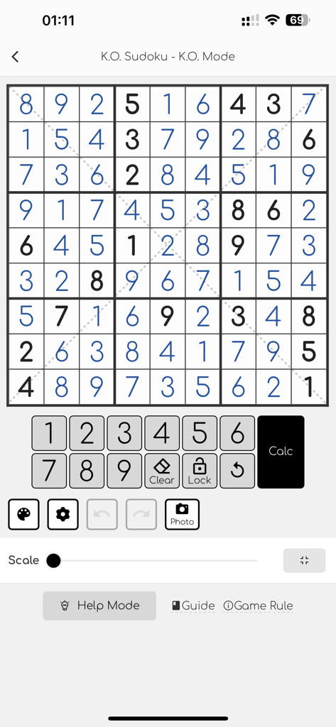 K.O. Sudoku Pro - A screenshot of the K.O. Sudoku Pro app interface displaying a diagonal sudoku puzzle and various gameplay tools.