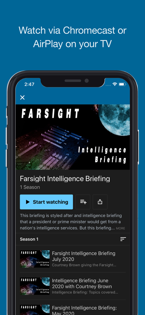 FARSIGHT TV - Interface de l'application mobile FARSIGHT TV montrant la série vidéo Intelligence Briefing et les fonctionnalités de diffusion TV