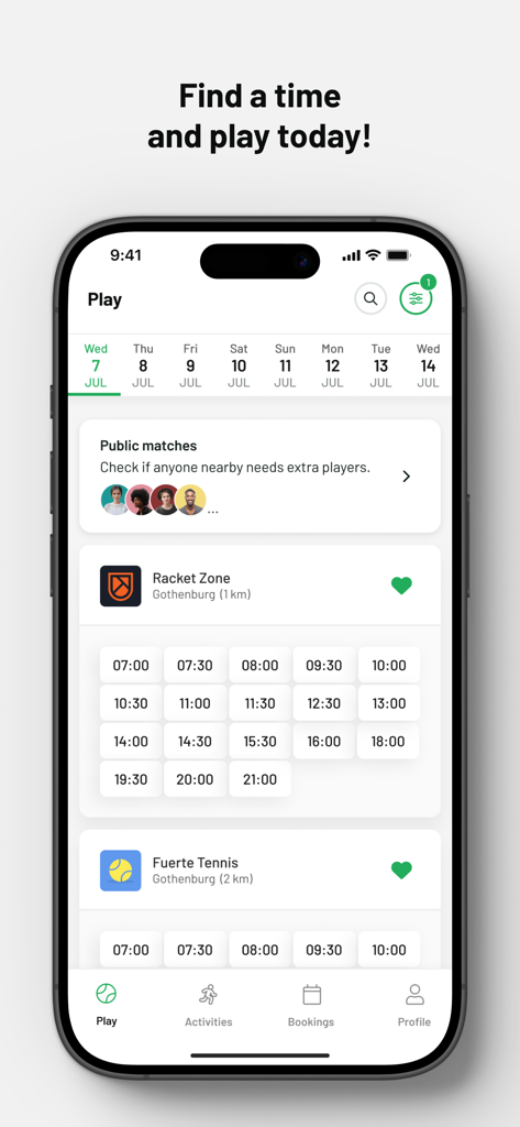 MATCHi - MATCHi app interface displaying court availability and booking times for racket sports.