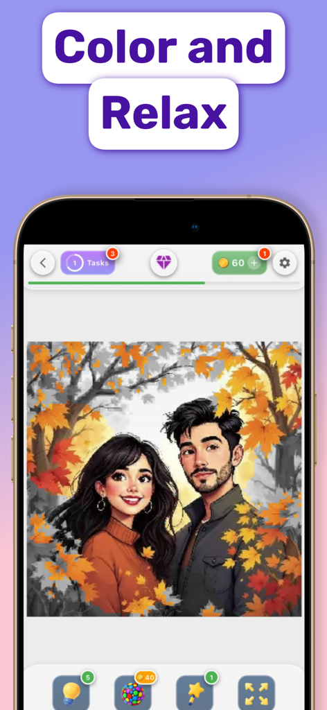 NumColor AI - Coloring Games - A interface de um aplicativo móvel NumColor AI mostrando uma imagem de pixel art parcialmente colorida de um casal em um cenário de outono com o texto Color and Relax.