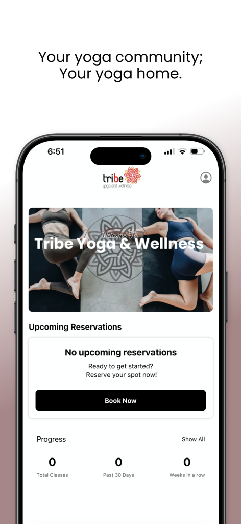 Tribe Yoga & Wellness - Tribe Yoga and Wellness mobile app home screen with class booking and progress tracking features