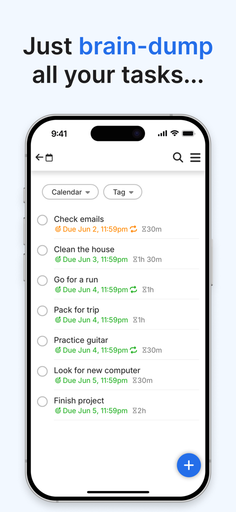 FlowSavvy interface for brain-dumping tasks into a list with due dates and durations