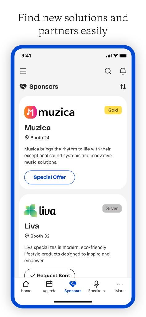 Bizzabo - Screenshot des Bizzabo App Sponsoren-Bildschirms mit Partnerprofilen und Standorten