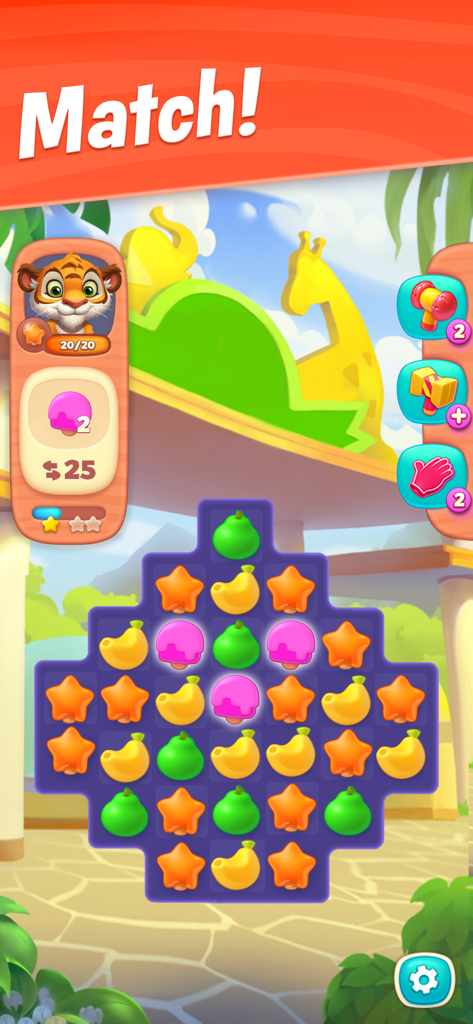 Wildscapes match-3 puzzle board with colorful fruit icons and a tiger cub character.