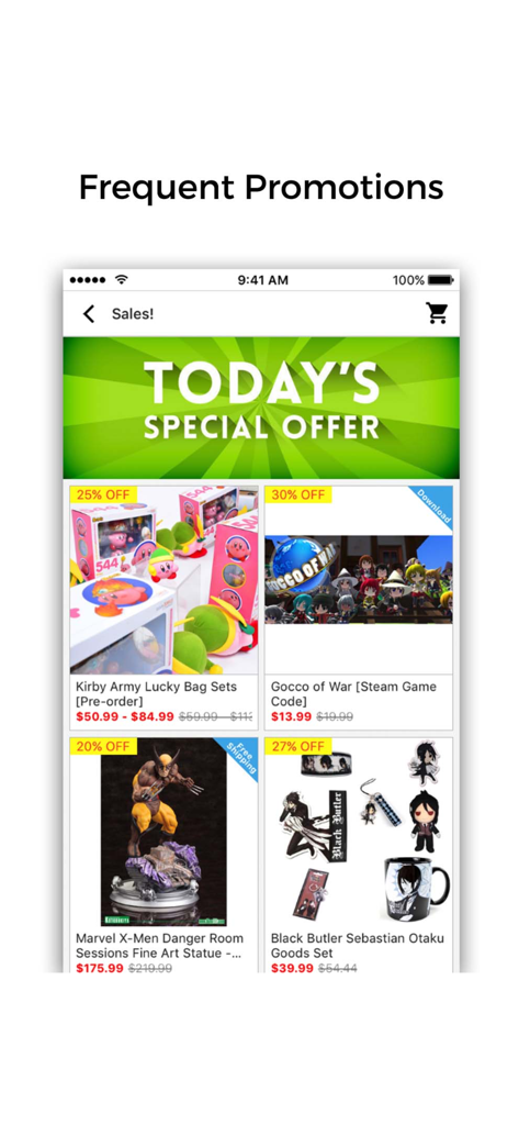 TOM Shop - TOM Shop app screen showing frequent promotions and daily special offers on anime figures and goods