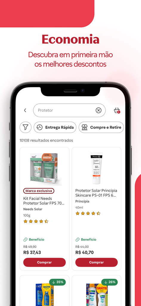 Drogasil app interface showing search results for sunscreen with discount prices