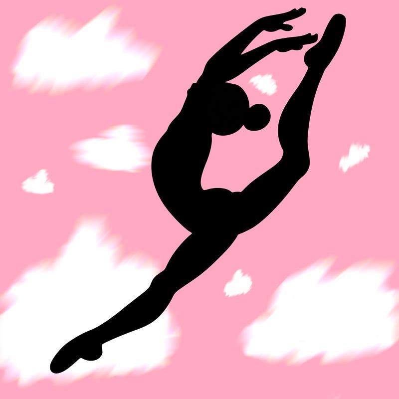 gymnast doing a leap in a leotard with a bent back leg