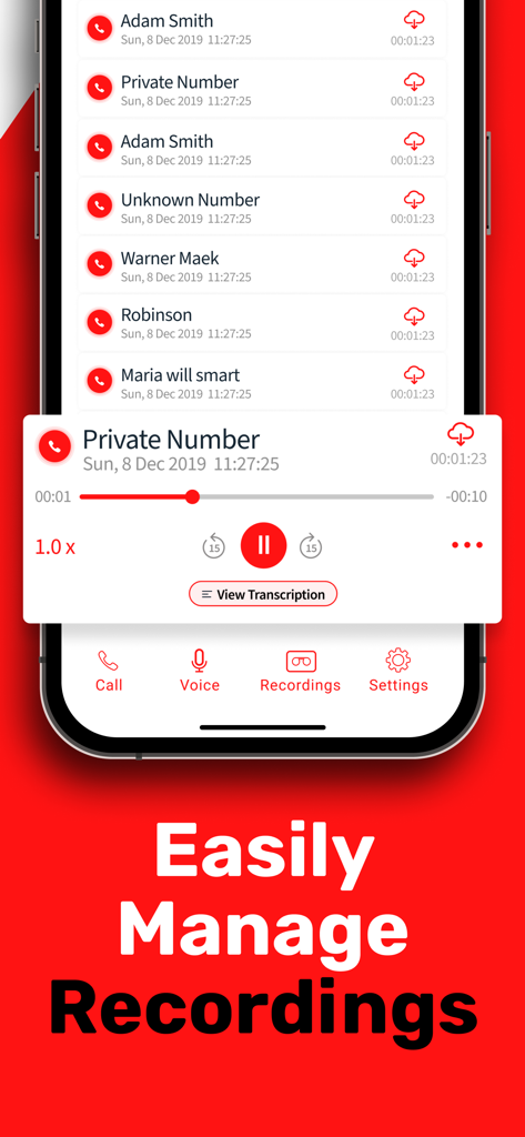 A mobile app interface showing a list of recorded phone calls with playback controls and a transcription option.