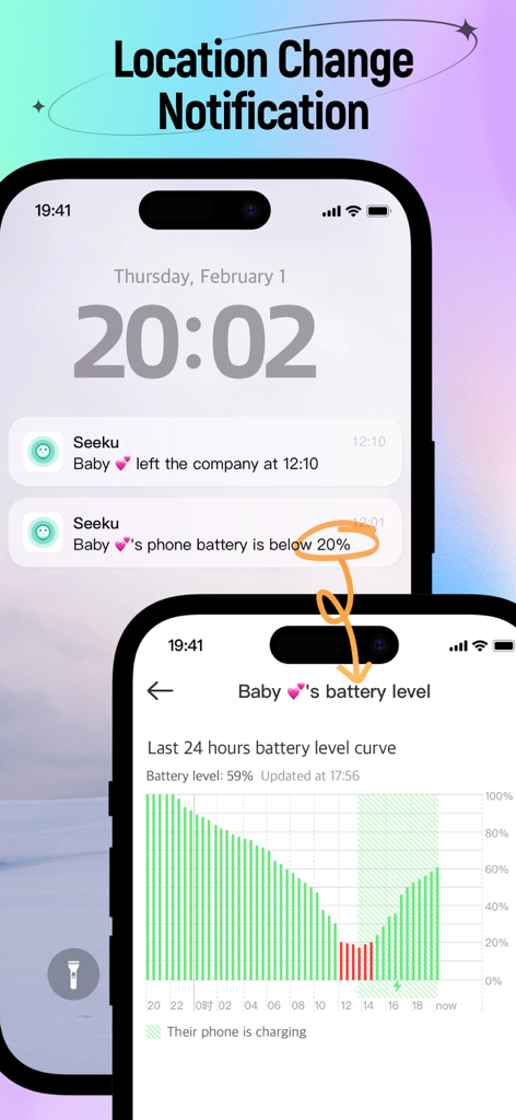 SeekU App-Oberfläche zeigt Benachrichtigungen über Standortänderungen und die Überwachung des Telefonakkustands