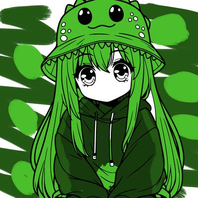 girl with anime shaped eyes with a dinosaur bucket hat oversized sweatshirt long straight hair
