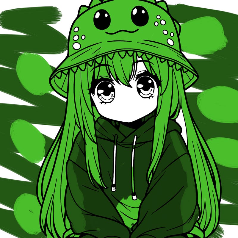 girl with anime shaped eyes with a dinosaur bucket hat oversized sweatshirt long straight hair