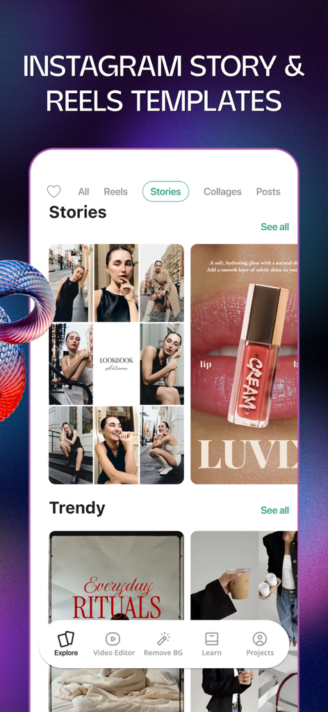 Interface de l'application Lift affichant divers modèles esthétiques pour les Stories et Reels Instagram