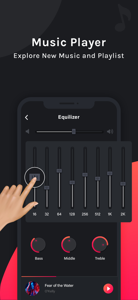 PLAYit - Music video palyer - iPhone interface of the PLAYit app showing the equalizer settings with frequency sliders and bass knobs