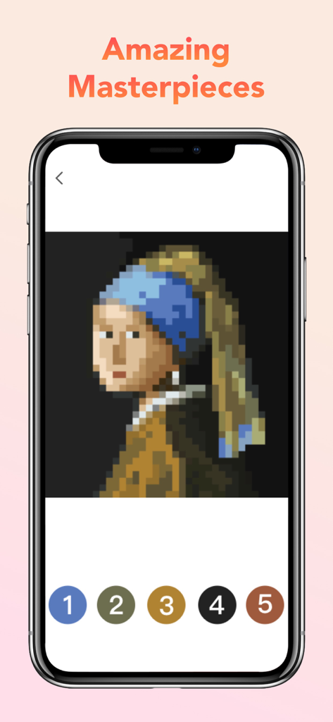 Pixel Art Book：Color By Number - A mobile phone screen showing a pixelated masterpiece painting for coloring by numbers
