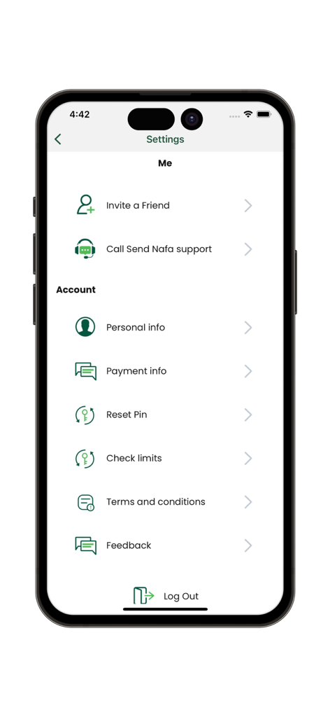 SIKACASH+ - Settings screen of the SIKACASH plus mobile app showing account information and support options