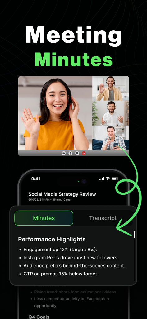 AI Note Taker- Meeting Minutes - AI Note Taker app interface showing automatically generated meeting minutes from a video conference