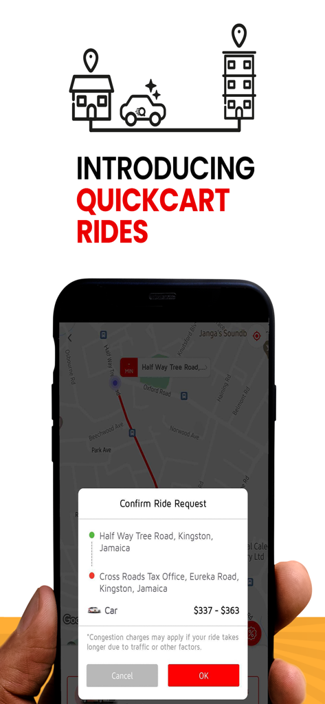 QuickCart: Food & Grocery - QuickCart Rides app interface showing a ride request confirmation in Kingston Jamaica.
