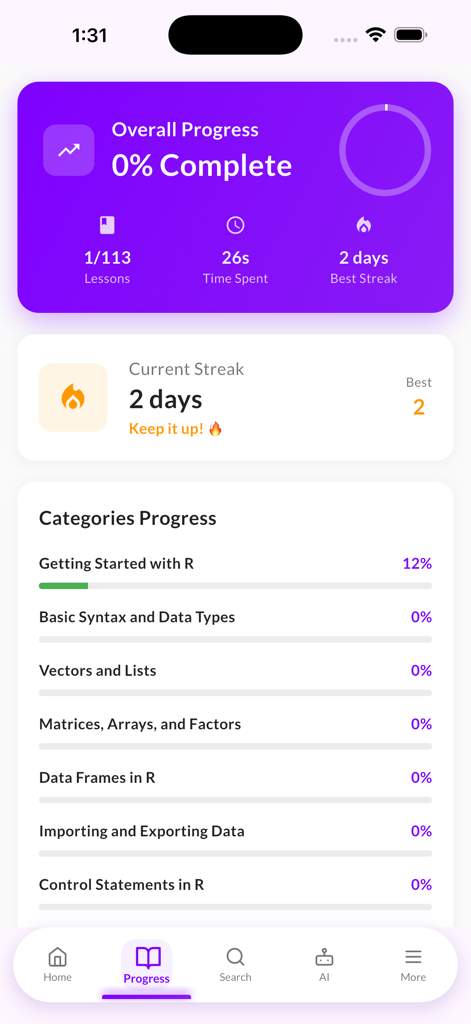 Learn R Programming: AI Tutor - Learn R Programming app progress dashboard showing lesson completion and daily streaks