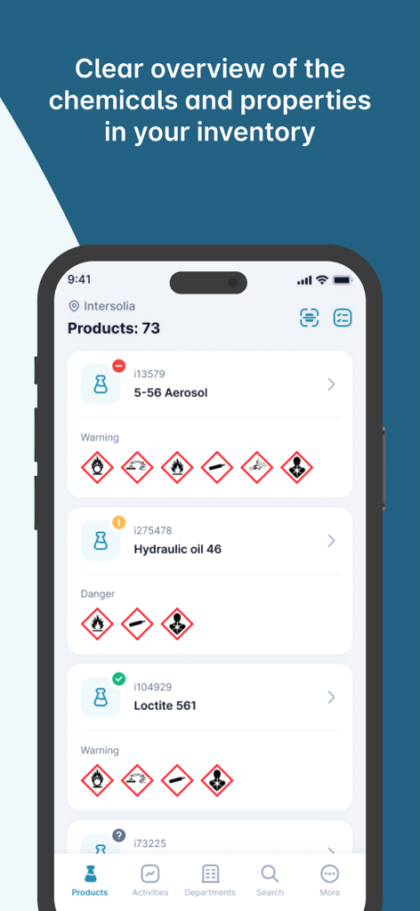 iChemistry - iChemistry app interface showing a list of chemical products with hazard pictograms and inventory details.