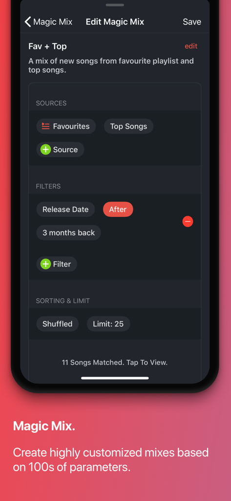 Interfaccia dell'app Soor che mostra l'editor Magic Mix con filtri e origini personalizzati