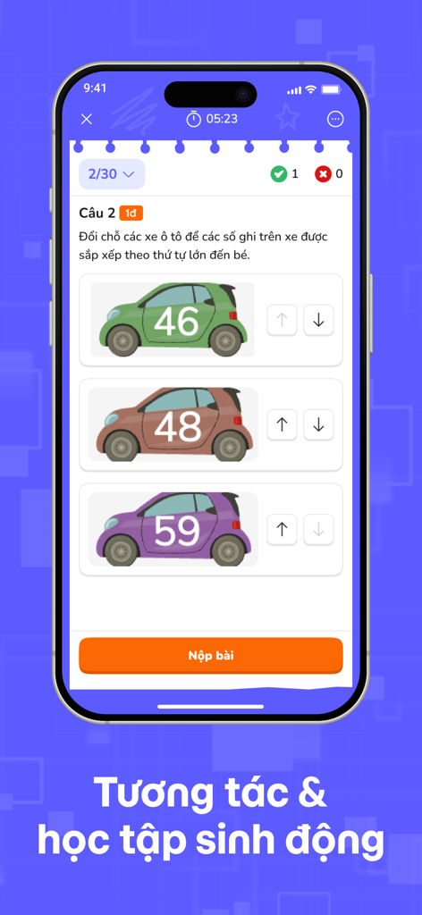 OLM - Capture d'écran de l'application OLM montrant un exercice de mathématiques interactif pour trier des voitures par numéro en vietnamien