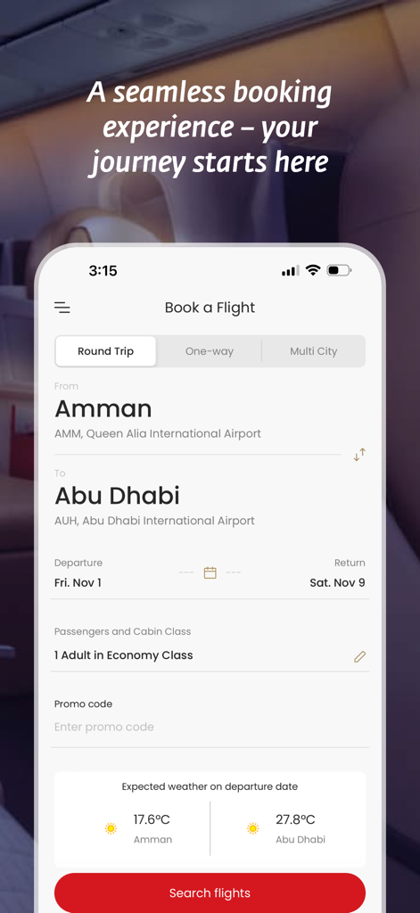 Royal Jordanian Airlines - 암만과 아부다비 간 항공편 예약을 위한 로열 요르단 항공 앱 인터페이스.