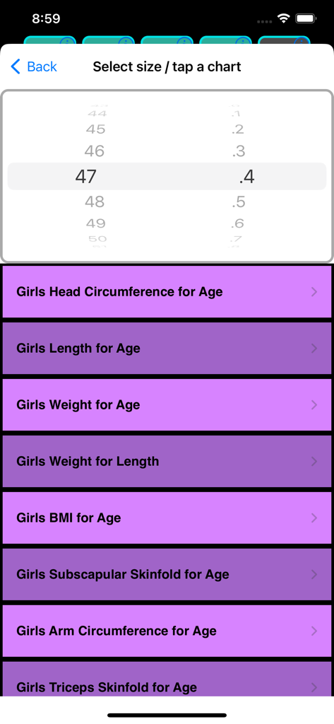 iFetal Pro +2 - A screen from the iFetal Pro +2 app displaying a selection of pediatric growth charts for girls including weight, length, and BMI.