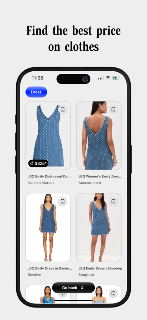 Retrodrip: Try-on screenshots - Retrodrip app screen comparing prices for a denim dress across multiple online stores.