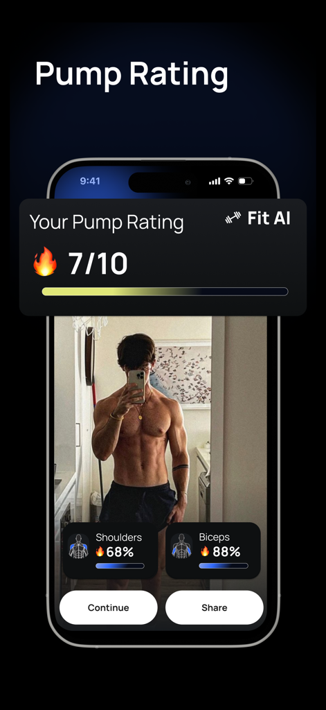 Interface of the Swole AI app showing a seven out of ten pump rating and muscle engagement stats for shoulders and biceps.