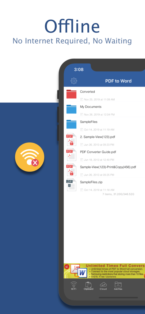 Interface of the PDF to Word converter app highlighting offline functionality and file management.