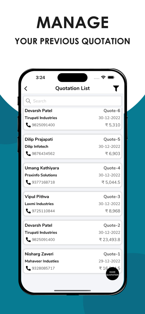 Quotation Maker - Tela de um aplicativo móvel mostrando uma lista de cotações comerciais anteriores com nomes de clientes e valores