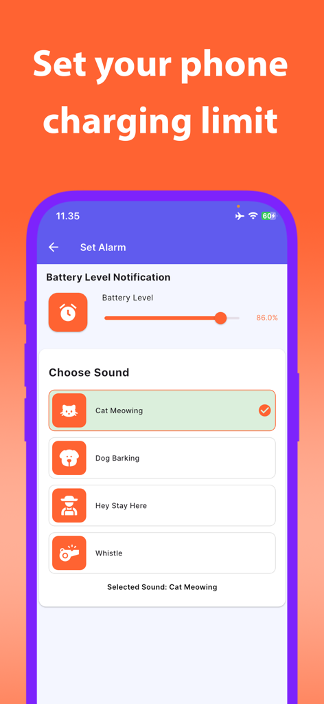 Interface of ClapLoc app showing how to set a phone battery charging limit and select custom alarm sounds like cat meowing or dog barking