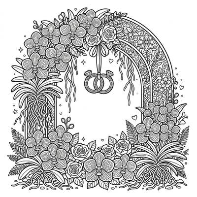 Immerse yourself in the beauty of a wedding celebration with this intricate coloring page featuring elegant Vanda orchids. Discover delicate roses, intertwined roots, and classic wedding rings set within a grand floral arch, ready for your artistic touch.