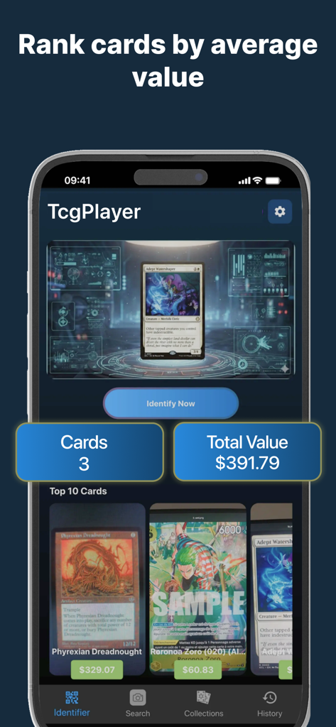 TCG Player: Poke Card Scanner - Mobile app screen showing a trading card portfolio with total value and top ranked cards by price.