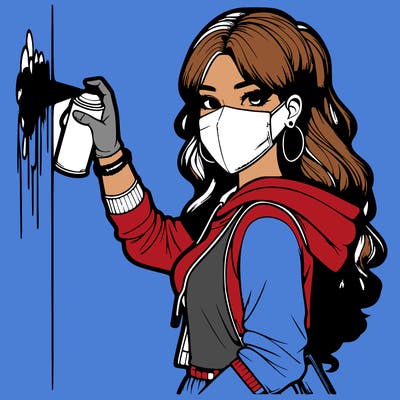 realistic girl with mask spray painting a wall
